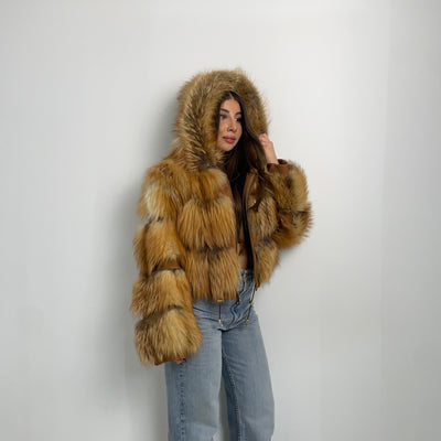 Bomber di volpe rossa con cappuccio e zip