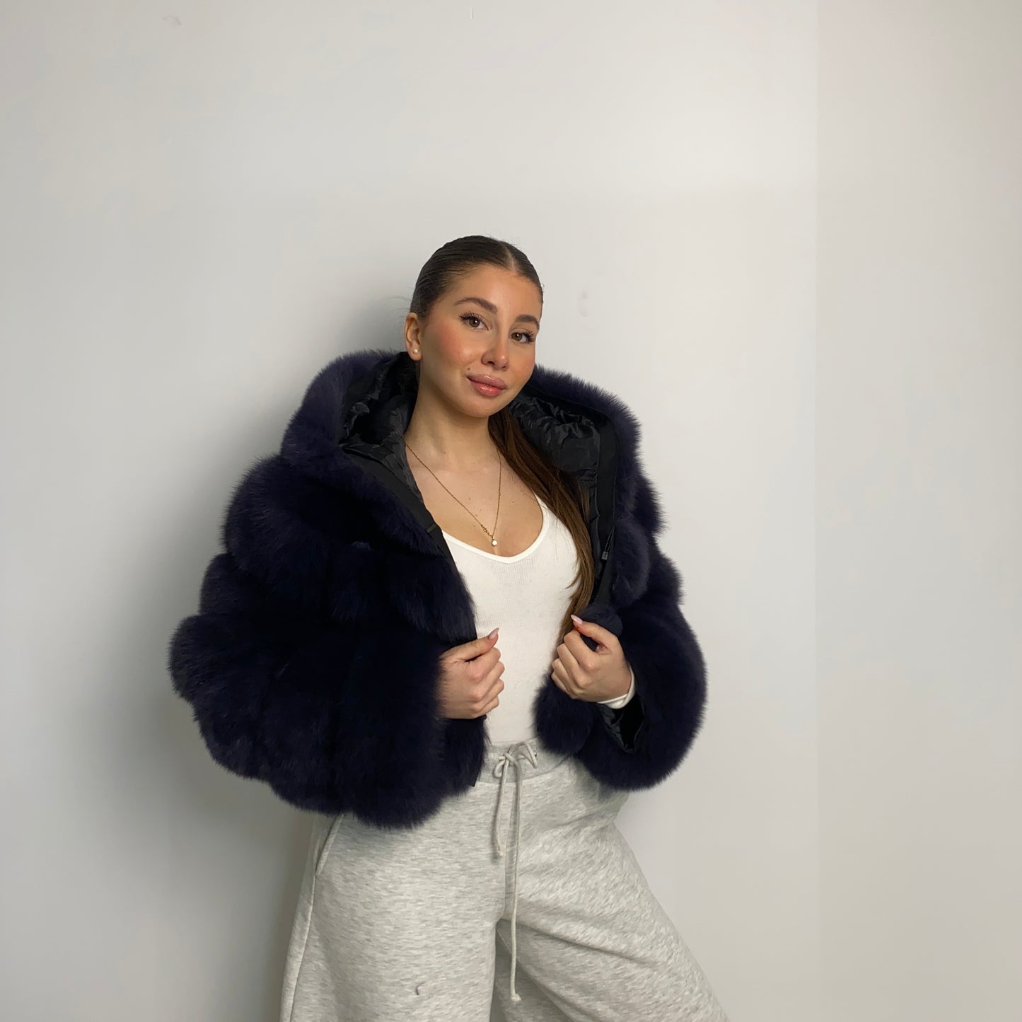 Pelliccia di volpe crop blu navy