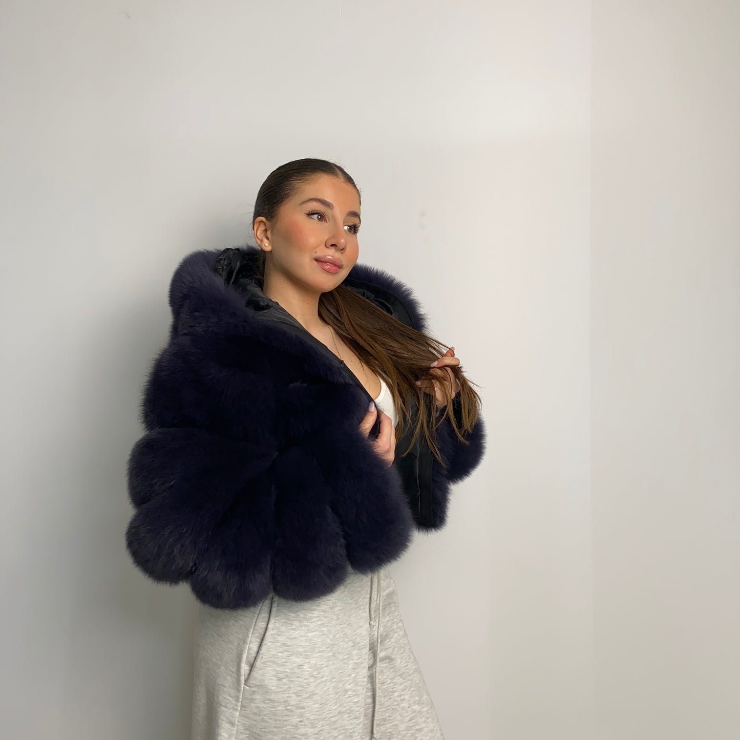 Pelliccia di volpe crop blu navy