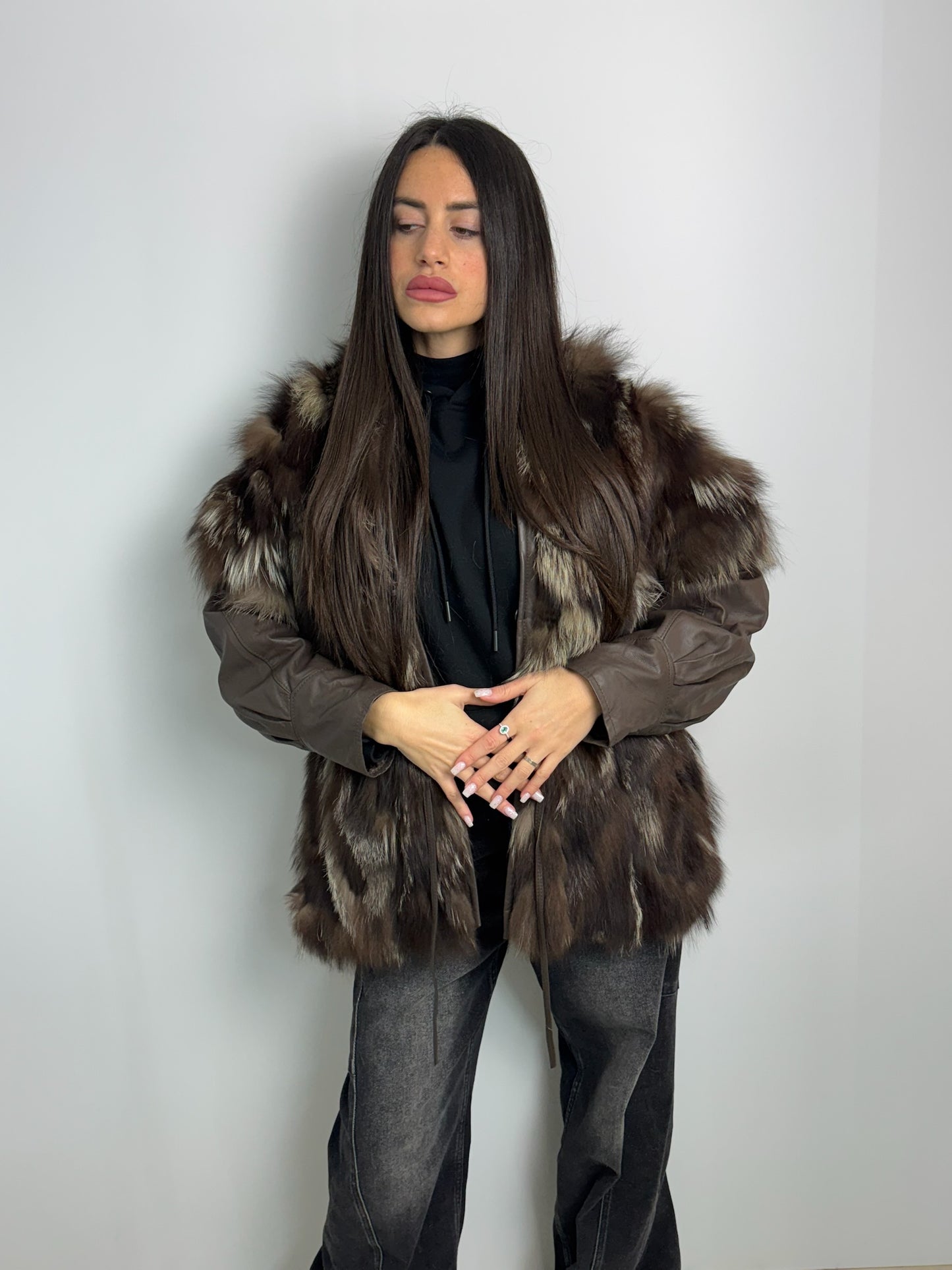 Pelliccia in volpe argentata manica in pelle